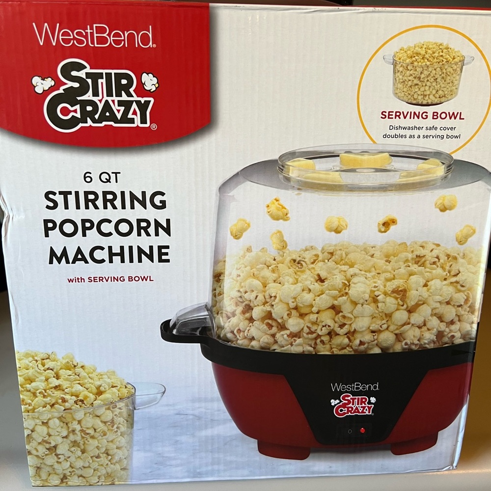 New, Unopened Stir Crazy 6 QT Stirring Popcorn Machine (comes with serving bowl)
